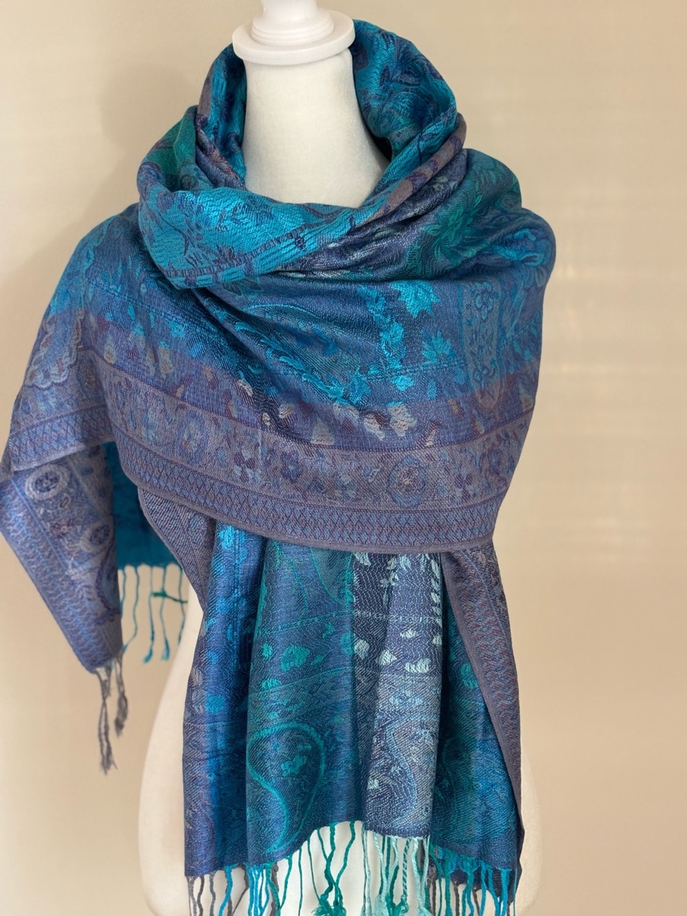 pashmina Blue Teal Paisley Jacquard Wrap cashmere 100%